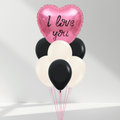 Šopek z roza srčkom in črno-belih balonih